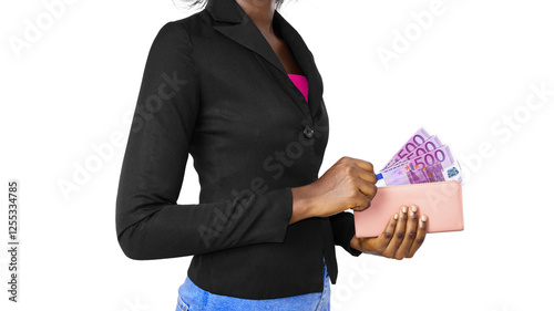 Black African Female Woman Lady in suit and blue jeans holding pink Purse With Euros notes, hand removing money out of purse over white background. putting cash in bag	 photo