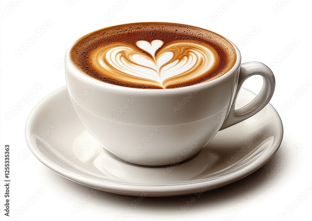 A beautifully crafted latte art in a white cup on a saucer, showcasing intricate designs A beautifully crafted latte art in a white cup on a saucer, showcasing intricate designs