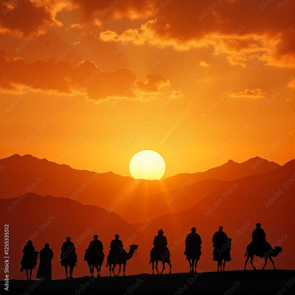 Fototapeta premium Camel caravan silhouetted against a glowing desert sunset.