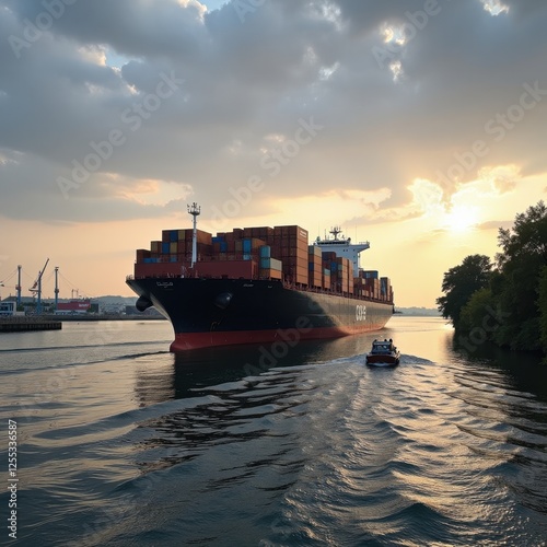 Behold a massive, black-and-red cargo ship with towering stacks of colorful containers adorning its deck, showcasing maritime might and global trade prowess photo
