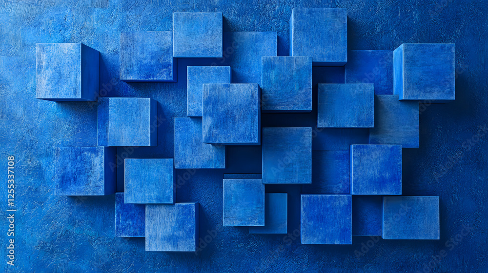 A collection of blue cubes of varying sizes and orientations are adhered to a textured blue background A collection of blue cubes of varying sizes and orientations are adhered to a textured blue background