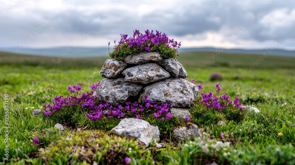 Obraz premium Small stone cairn decorated with purple heather flowers stands in a green grassy field under a cloudy sky.