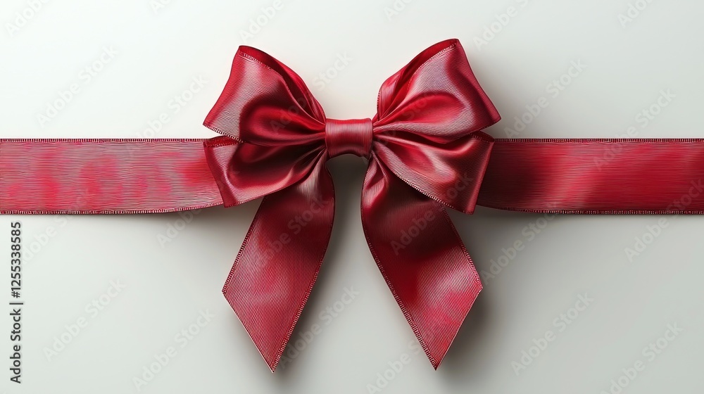 Fototapeta premium Elegant red satin bow tied on a ribbon, showcasing a smooth texture against a light background, ideal for gift wrapping