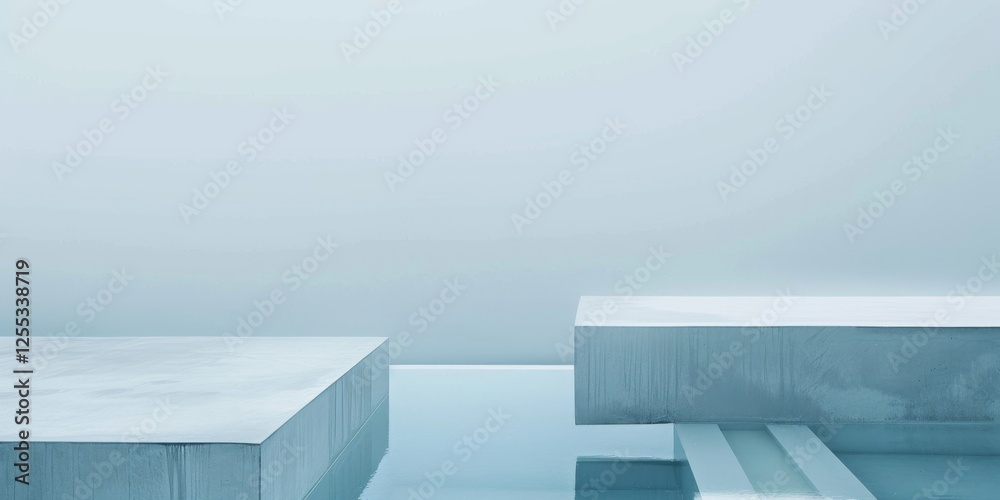 Obraz premium A modern minimalist aesthetic with a light misty blue backdrop, Symmetrical arrangement of minimalist elements, Modern minimalist style