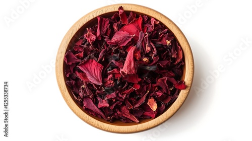 Dried hibiscus flower petals tea ingredients in a wooden bowl top view center, white background