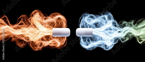 Abstract Energy Flow: Orange and Blue Plasma Streams Emitting from Cylinders