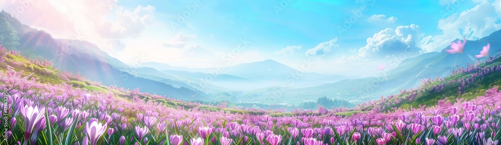 Obraz premium Vibrant Flower Field with Mountain Landscape and Blue Sky