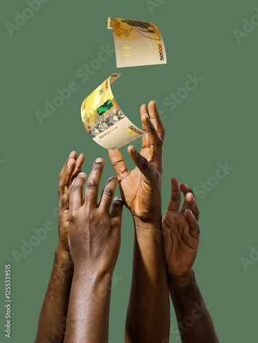 Many black African hands reaching out for Ugandan shilling notes money over green background. Stretching arms for cash
