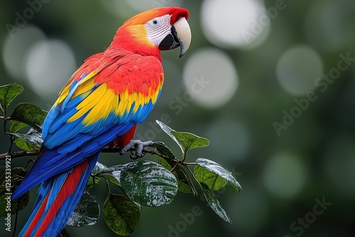 Scarlet Macaw Perched On A Lush Green Branch