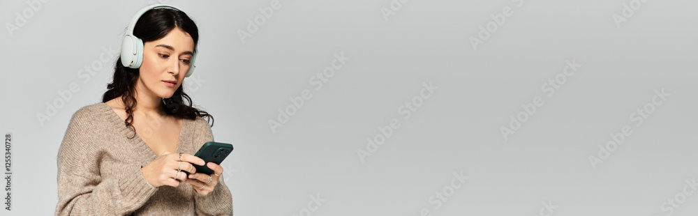Brunette woman in casual sweater engages with smartphone in studio setting Brunette woman in casual sweater engages with smartphone in studio setting