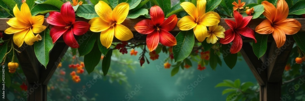 Obraz premium A banana flower garland draped over a wooden beam, leaves, tropical flowers