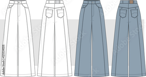 High Waist Wide Leg Jeans Pants fashion flat technical drawing template illustration. Baggy straight fit, front and back view, CAD mockup.