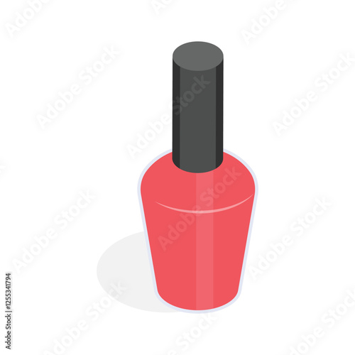 An isometric icon of a nail polish bottle with a red brush applicator.