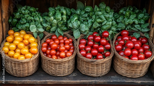 Colorful cherry tomatoes and basil in baskets at market stall photo