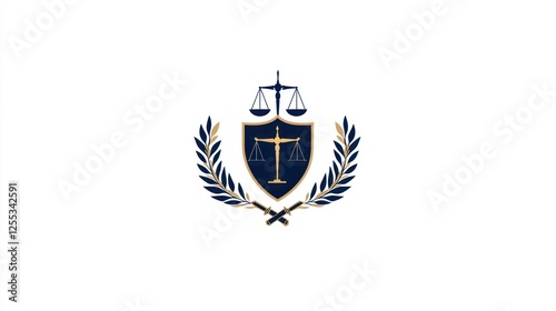 Legal emblem, justice scales, shield, laurel wreath photo