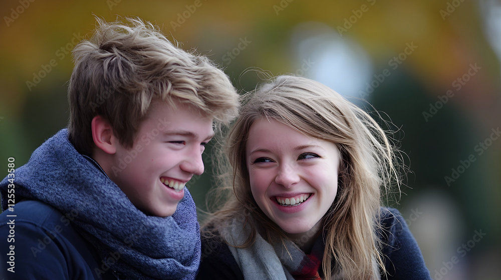 Fototapeta premium Vibrant Autumn Affection Joyful young couple laughing and embracing while strolling in outdoor park setting with colorful fall foliage surrounding them