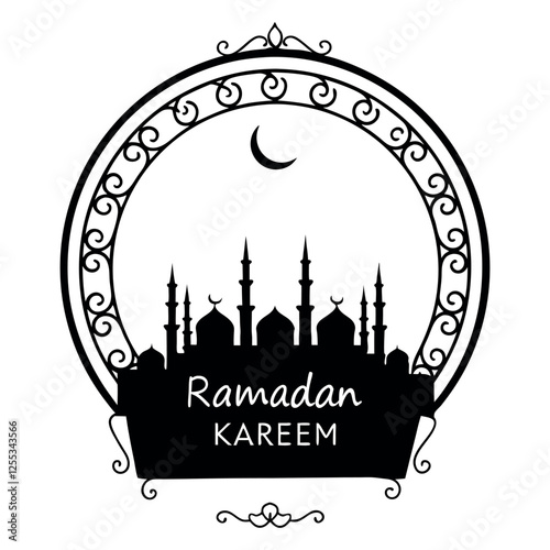 Silhouette sketch of Mosque with Domes, Minarets, Archways, and 'Ramadan Kareem' Calligraphy Design