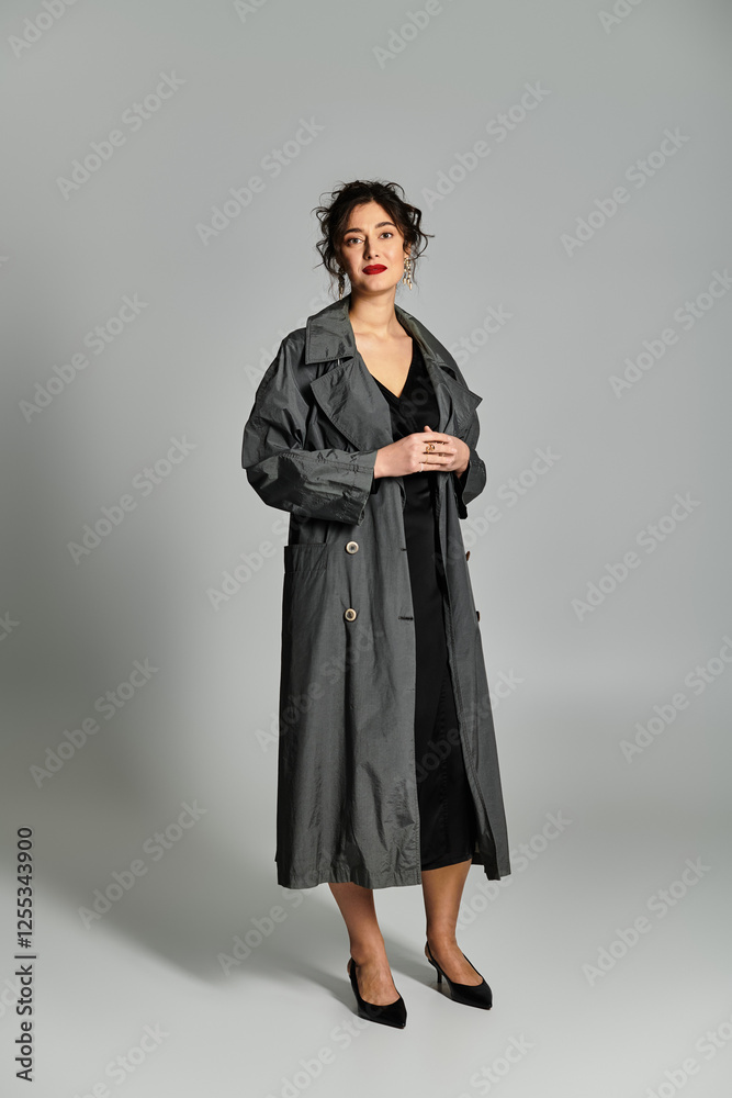 Brunette woman in elegant attire poses gracefully in studio setting on grey backdrop Brunette woman in elegant attire poses gracefully in studio setting on grey backdrop