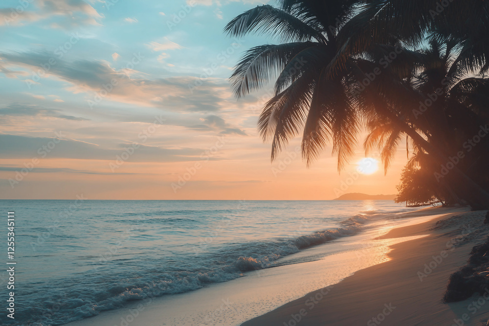 Fototapeta premium A beautiful tropical island with palm trees and clear water, surrounded by mountains generative AI image