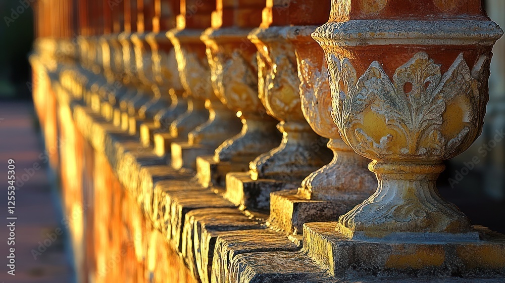 Fototapeta premium Ornate terracotta balustrade at golden hour