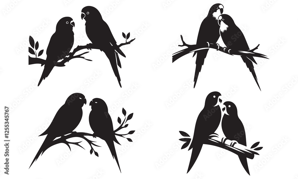 Obraz premium Set of Black Love Parrot Birds Silhouettes on Branches