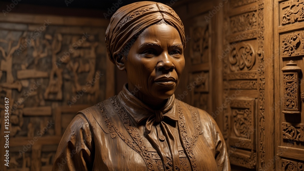 Naklejka premium A lifelike wooden carving of Harriet Tubman, depicted in her iconic attire and holding a lantern, surrounded by symbols of freedom and the Underground Railroad.