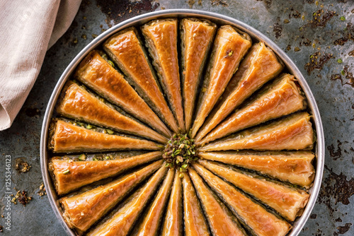 Deliciously layered Carrot Slice Baklava topped with pistachios, showcasing traditional Gaziantep flavors, perfect for dessert lovers. (Turkish: Havuc Dilim Baklava) on tray. photo