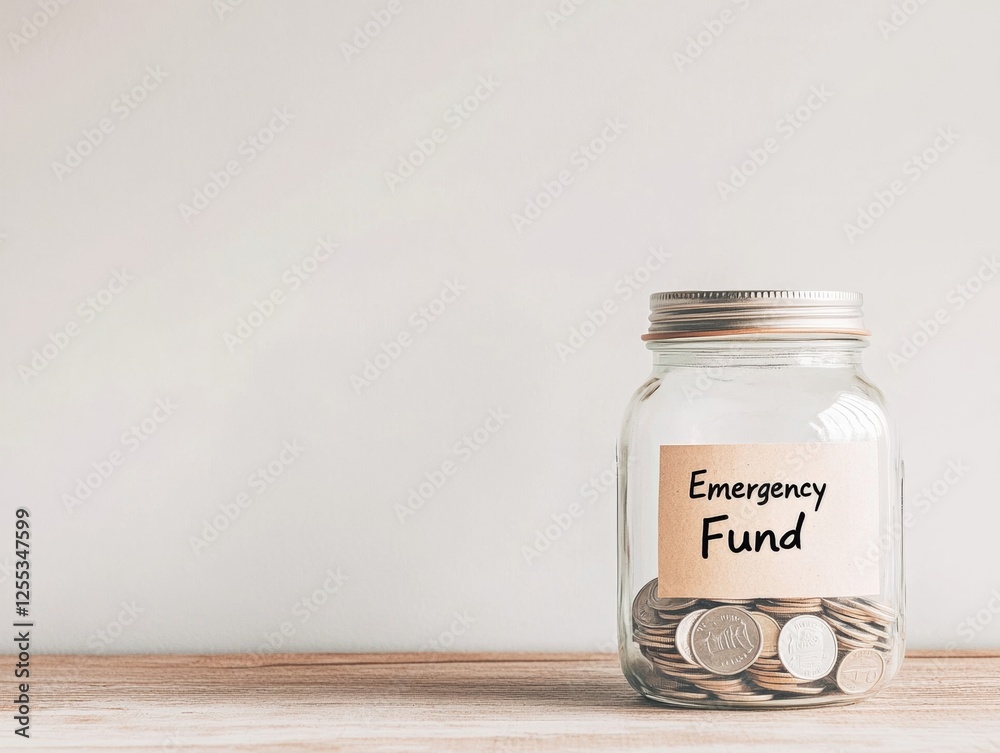Transparent Glass Jar for Emergency Fund Savings on Wooden Surface - Financial Planning Aid in Modern Personal Banking and Budget Management Transparent Glass Jar for Emergency Fund Savings on Wooden Surface - Financial Planning Aid in Modern Personal Banking and Budget Management