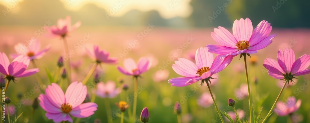 Delicate pink cosmos flowers blooming in a field, spring, pink cosmos Delicate pink cosmos flowers blooming in a field, spring, pink cosmos