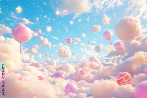 Magical Candy Sky with Floating Cotton Candy Clouds and Sweet Delights. photo