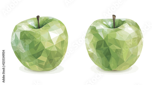 Digital illustration depicting two green apples rendered in a low-polygonal style.  The apples are presented against a clean white background. The style uses a fragmented, faceted approach