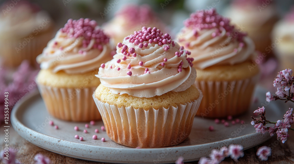 Gluten-free cupcakes with piped frosting and decorative sprinkles Gluten-free cupcakes with piped frosting and decorative sprinkles