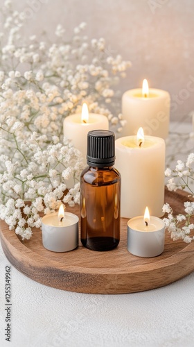 A lovely tray features aromatherapy oils, candles, and fresh flowers, creating a serene spa-like atmosphere for relaxation
