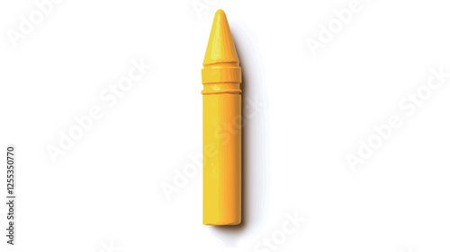 Close-up studio shot of a single, bright yellow crayon against a pure white background. The crayon is vertically oriented, exhibiting a sharply pointed tip and subtle ridged detailing near