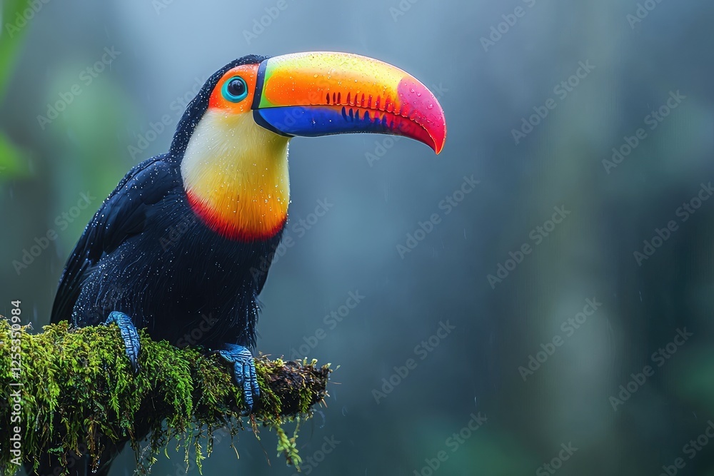 Obraz premium A Keel Billed Toucan Perched On A Mossy Branch