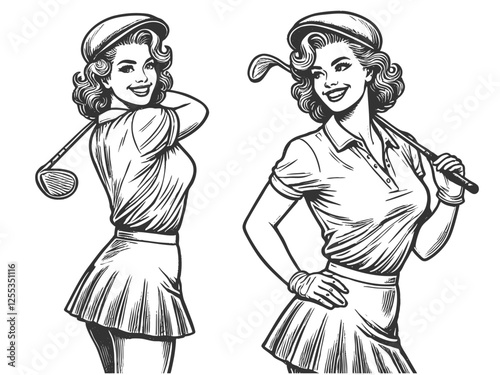 woman in a polo shirt and pleated skirt, preparing to hit a golf ball with a putter in classic pin-up style sketch engraving generative ai vector illustration. Scratch board. Black and white image.