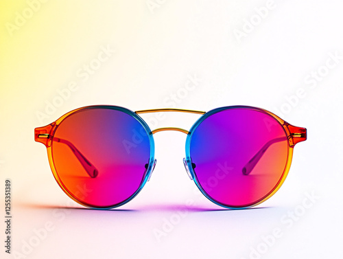 Trendy sunglasses with colorful gradient lenses in bright blue, pink and orange, isolated on a white background for fashion and summer concepts photo