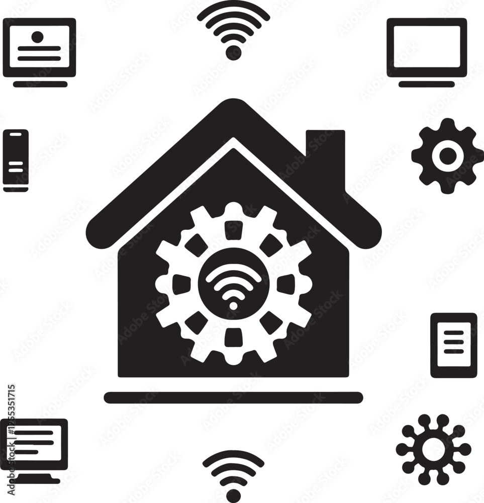 Silhouette vector of a smart home automation concept, ideal for modern living, tech innovation, and IoT-themed designs. Downloadable EPS file. Silhouette vector of a smart home automation concept, ideal for modern living, tech innovation, and IoT-themed designs. Downloadable EPS file.