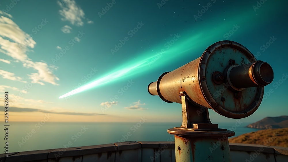 Telescope overlooking ocean at sunset with colorful light streaks in the sky Telescope overlooking ocean at sunset with colorful light streaks in the sky