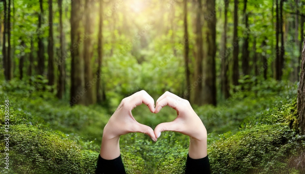 Heart gesture symbol made of hands in the forest, woods, love