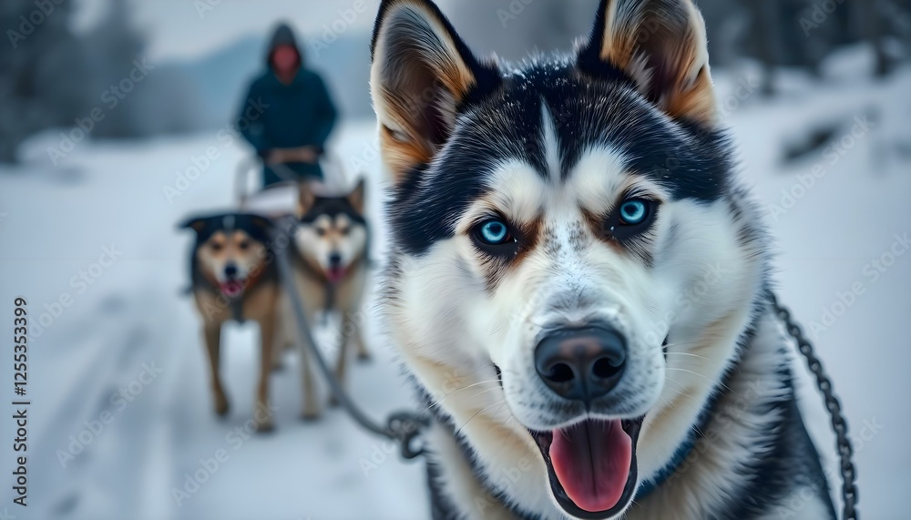a husky dog is pulling two people on a sled a husky dog is pulling two people on a sled