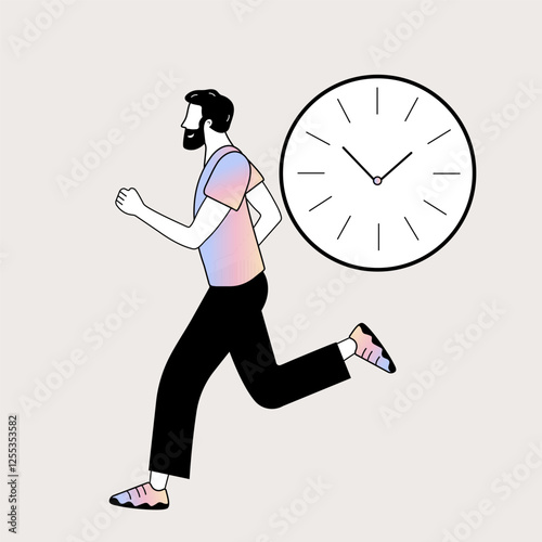 Deadline concept. A man is in a hurry to buy something. The clock symbolizes a limited time. Flat vector illustration on isolated background