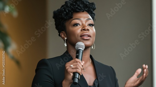 A Black woman holding a microphone, delivering a TED Talk on Black history and empowerment