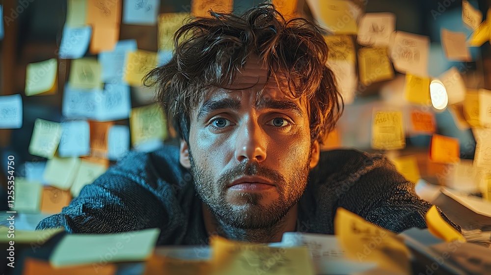 Overwhelmed individual surrounded by sticky notes personal workspace emotional portrait indoor environment close-up view creativity and stress Overwhelmed individual surrounded by sticky notes personal workspace emotional portrait indoor environment close-up view creativity and stress