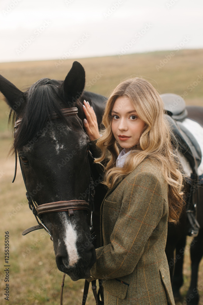 Fototapeta premium Young Woman Bonding with Her Horse in a Scenic Outdoors Setting