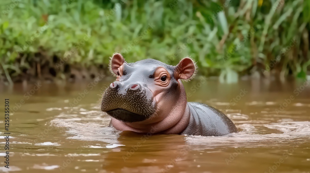 A baby hippo floating in a muddy river, its small ears twitching as it listens to the sounds of nature A baby hippo floating in a muddy river, its small ears twitching as it listens to the sounds of nature