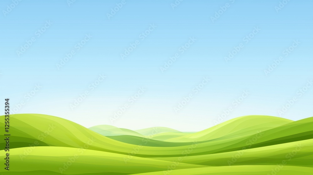 Obraz premium Vibrant Green Meadow Surrounded by Rolling Hills Under Clear Blue Sky