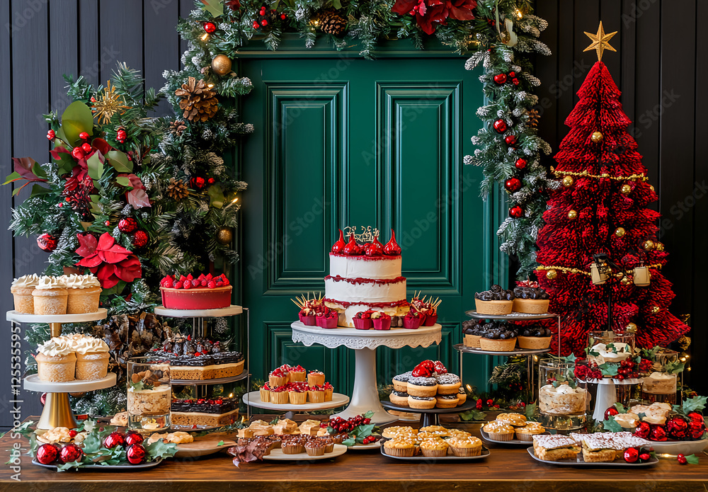 A festive Christmas dessert table set with cakes, cookies, and decorations, featuring a vintage green door in the background. The scene is illuminated by warm candlelight against a dark backdrop, A festive Christmas dessert table set with cakes, cookies, and decorations, featuring a vintage green door in the background. The scene is illuminated by warm candlelight against a dark backdrop,