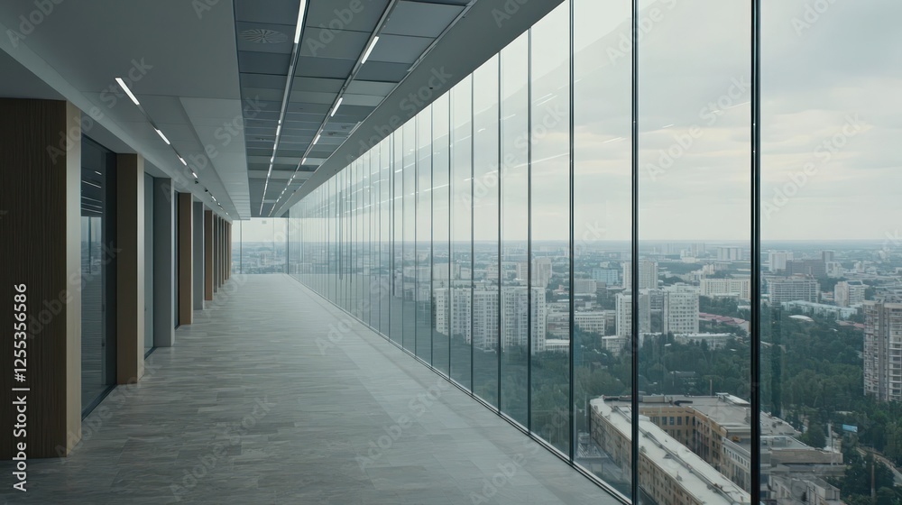 Obraz premium Empty Modern Office Corridor With City View