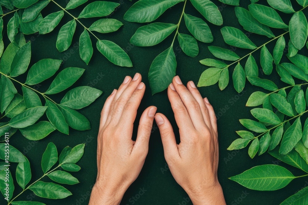 Close Up of Hands Touching Vibrant Green Leaves on a Dark Background Close Up of Hands Touching Vibrant Green Leaves on a Dark Background